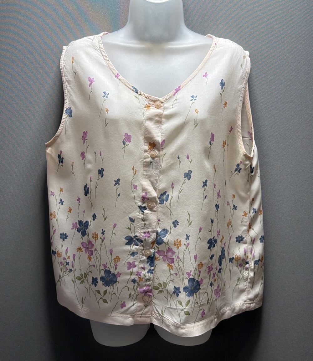 Analogy Cream Button Down Floral Sleeveless Round Neck Blouse Womens Large